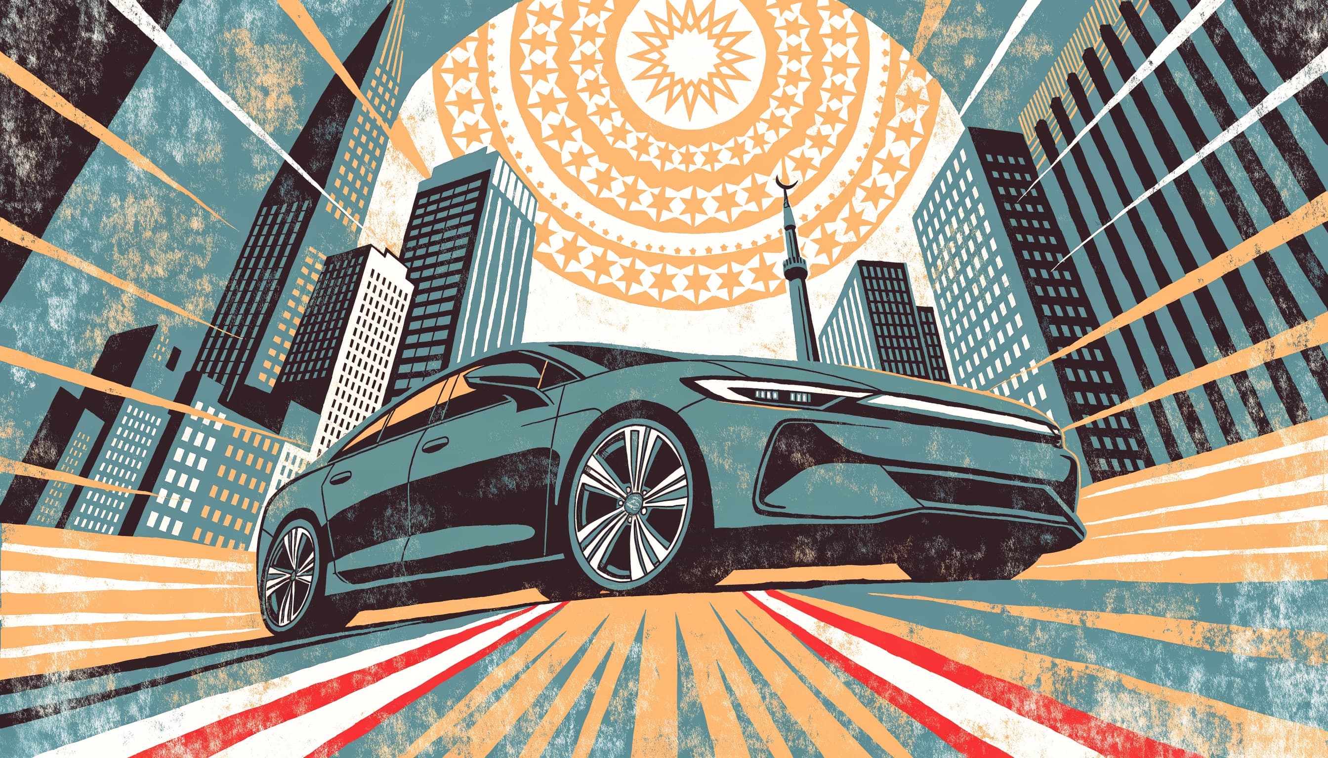 Vintage poster of a green sedan racing toward a golden star sun